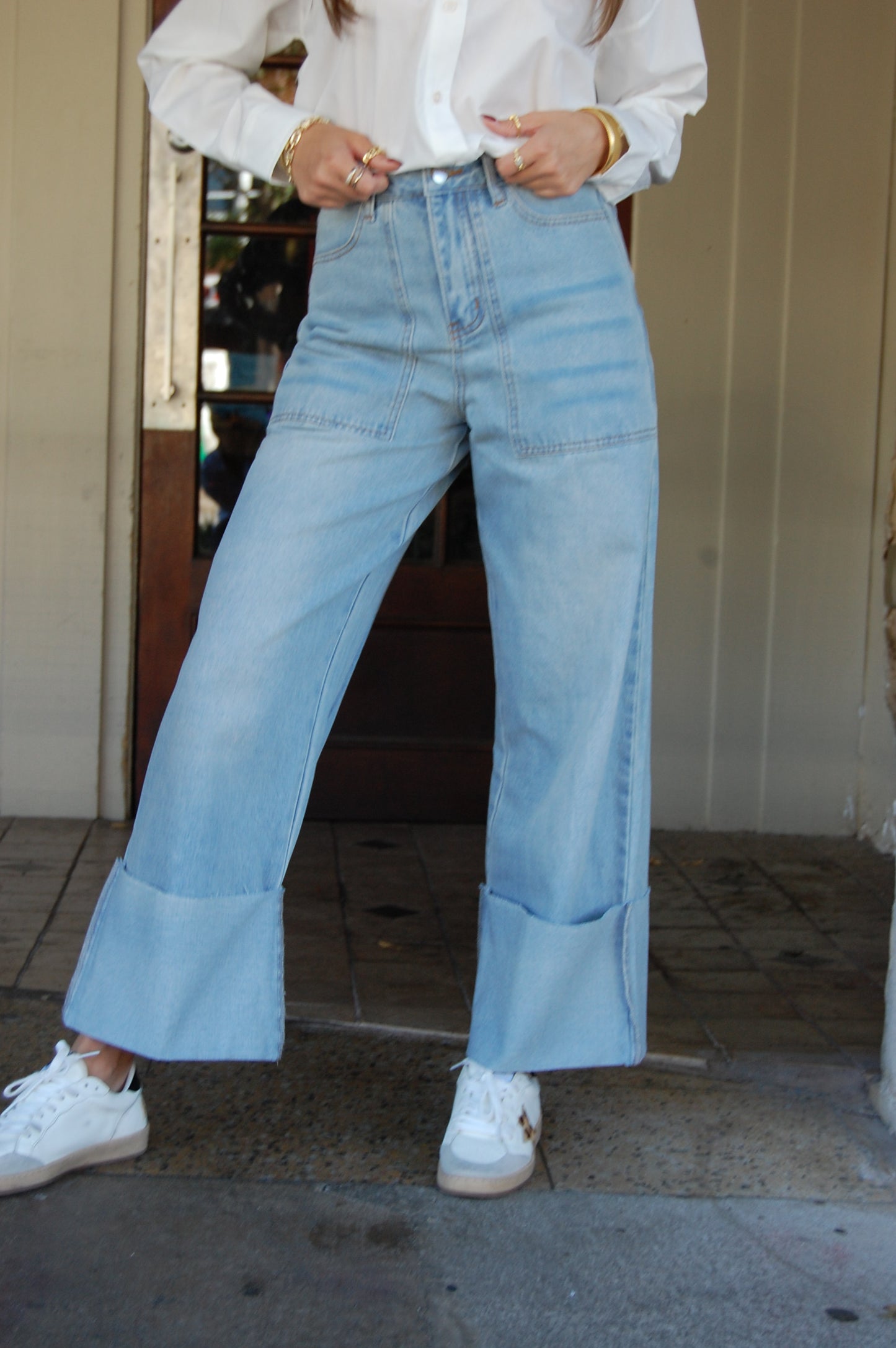 Wide Leg Cuffed Jeans