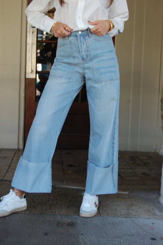 Wide Leg Cuffed Jeans