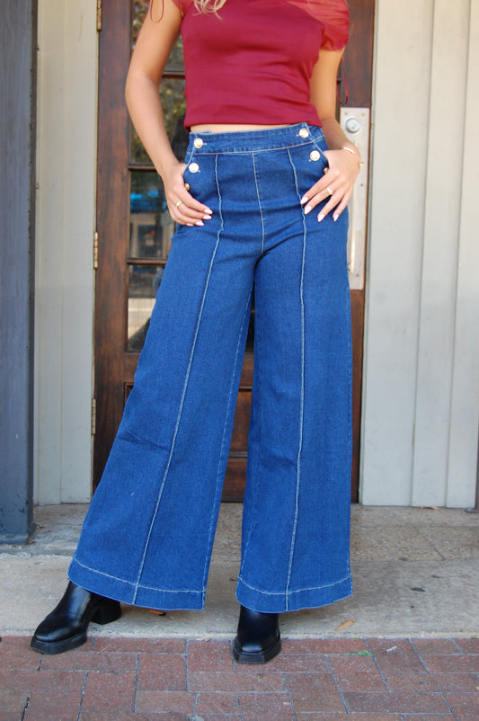 Gold Button Wide Leg Pant