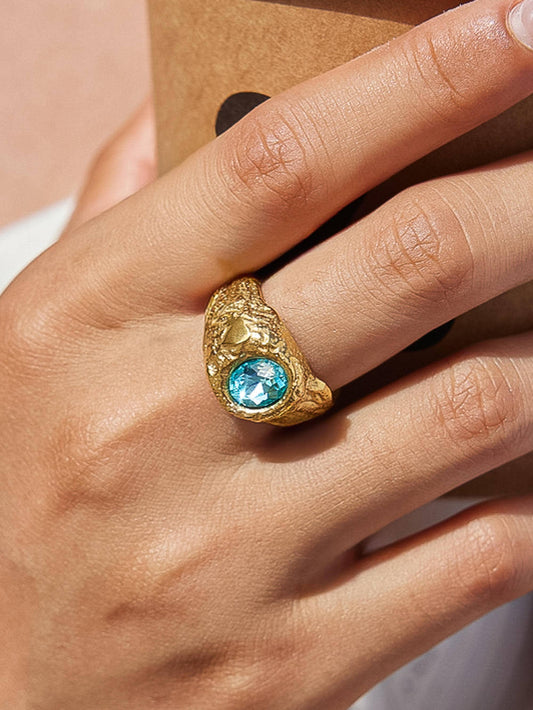 Frostine 18K Gold Non-Tarnish Blue CZ Signet Ring