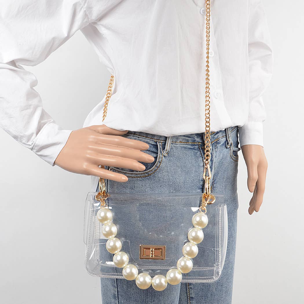 Transparent Cross body Bag W/ Pearl Chain
