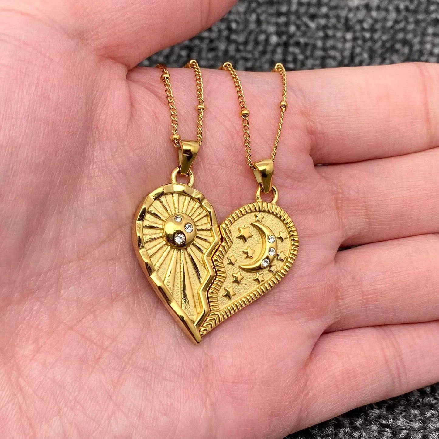 18K Gold Plated SS Sun Moon Heart Couple Necklace - FGS/MS