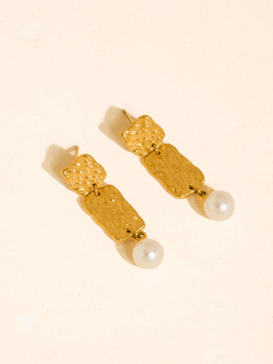 Non-Tarnish Hammered Pearl Drop Earrings