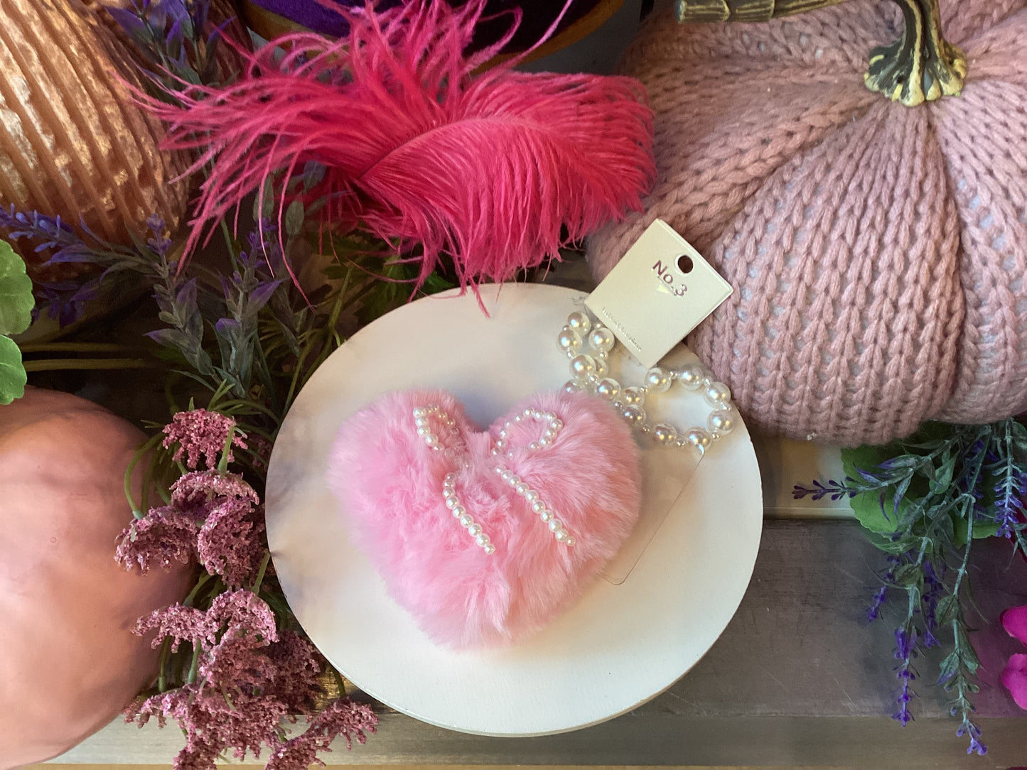 Fuzzy Heart Pearl Cellphone Wristlet