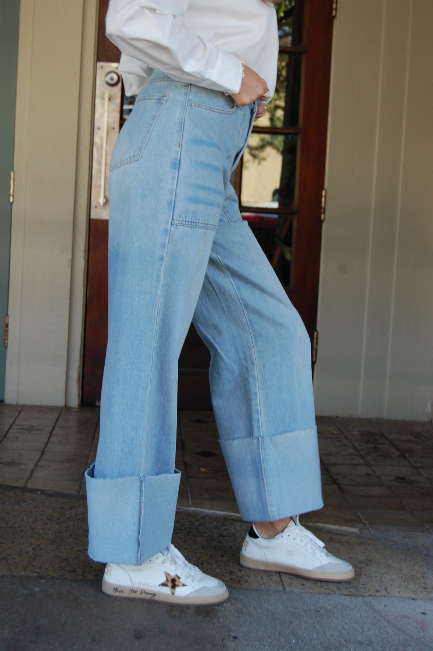Wide Leg Cuffed Jeans
