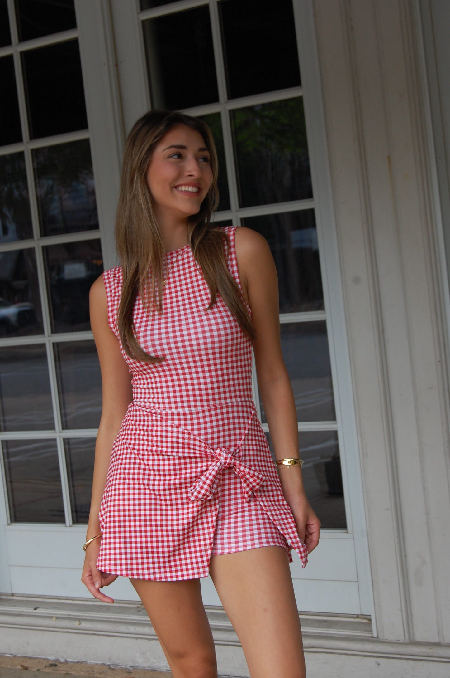 Gingham Print Sleeveless Wrap Tie Front Dress