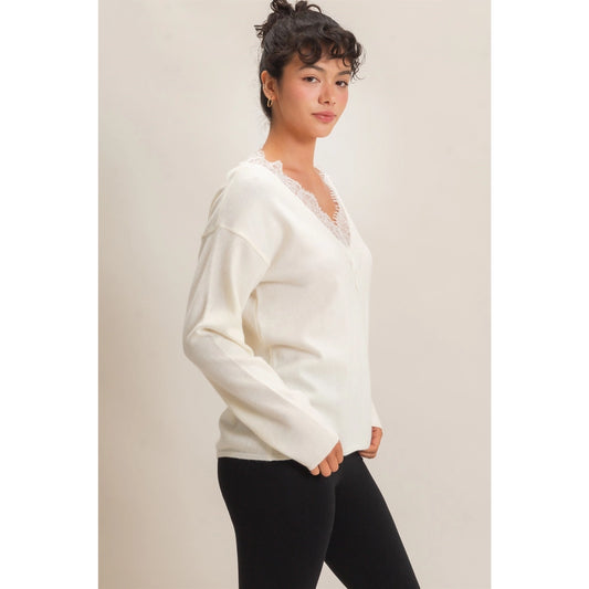 Lace Trim V-Neck Sweater