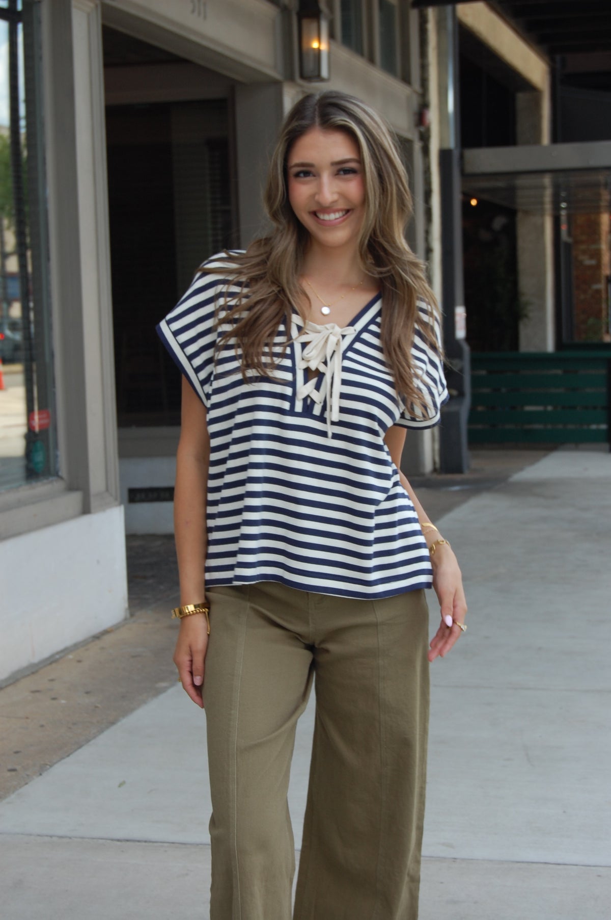 Stripe Lace Up Top