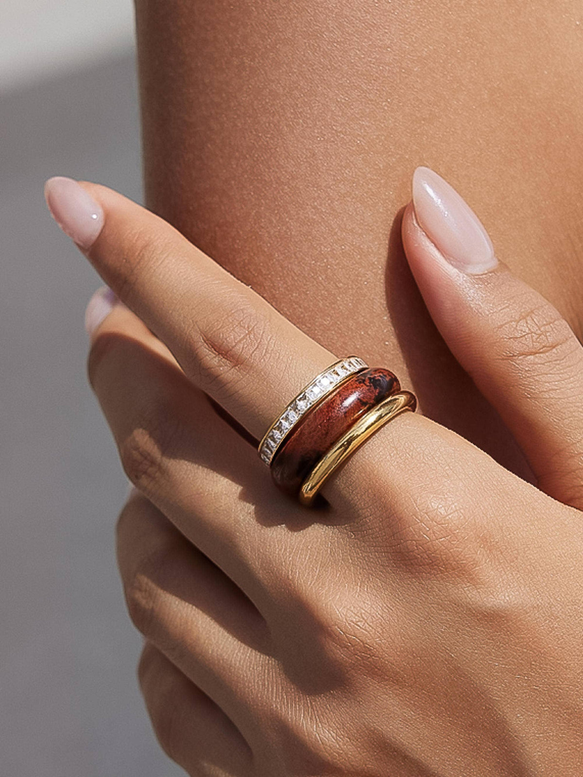 Ash 18K Gold Non-Tarnish Red Jasper Stone Mixed Ring Set