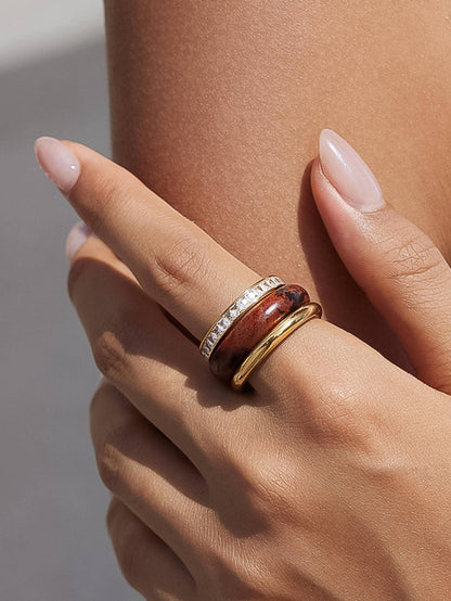 Ash 18K Gold Non-Tarnish Red Jasper Stone Mixed Ring Set