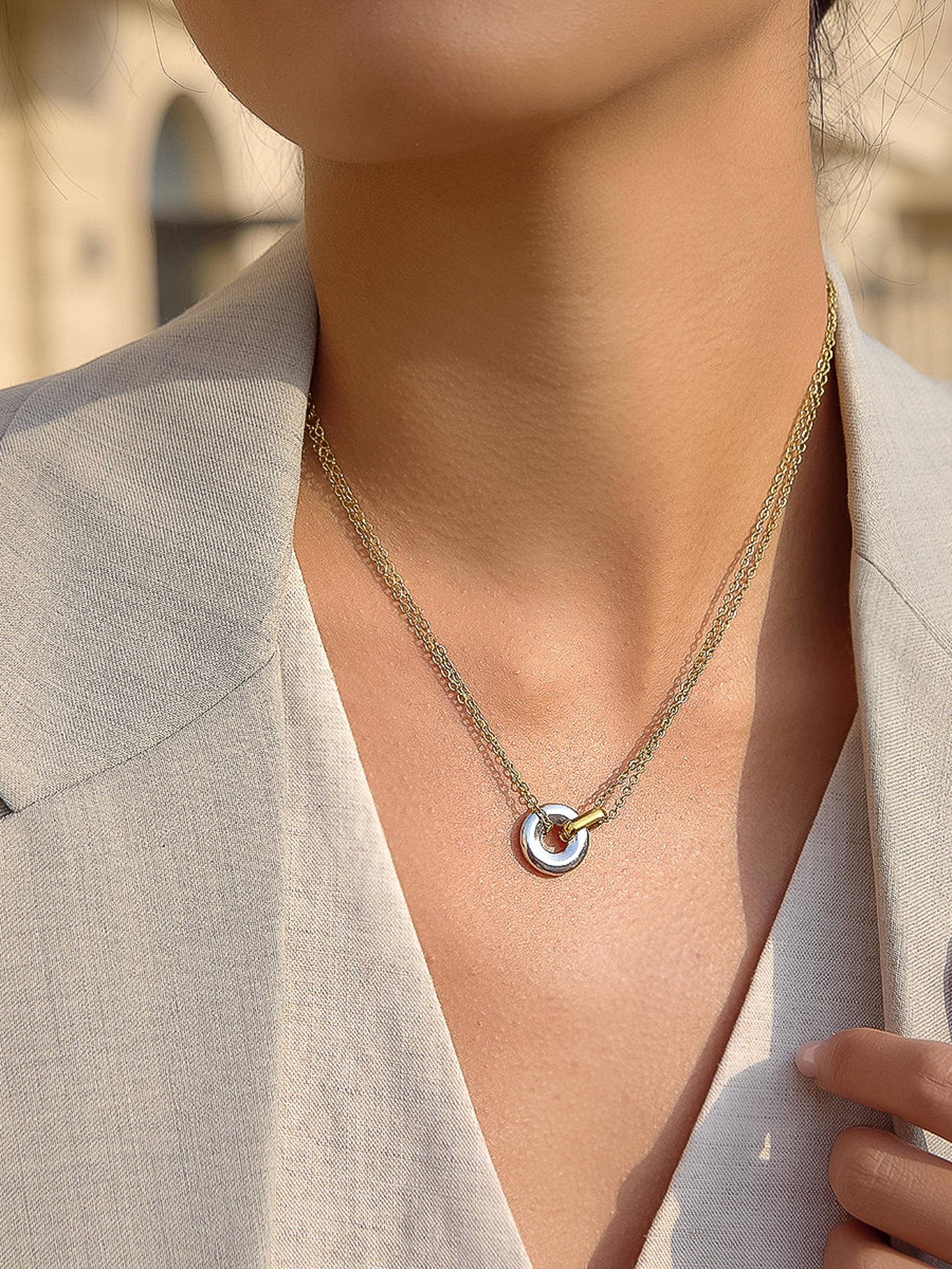 Non-Tarnish Two Tone Circle Necklace