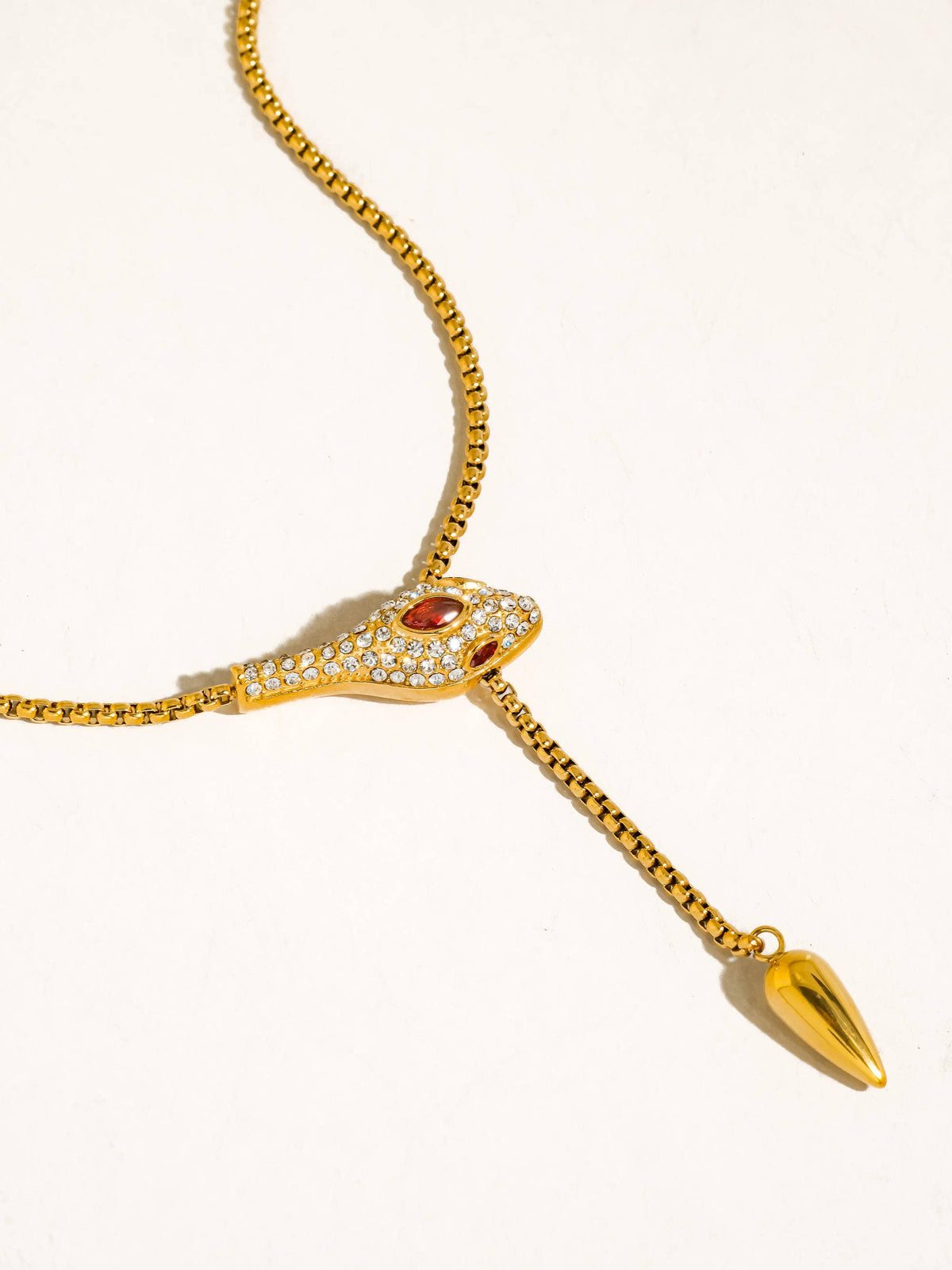 Non-Tarnish Red CZ Snake Lariat Necklace