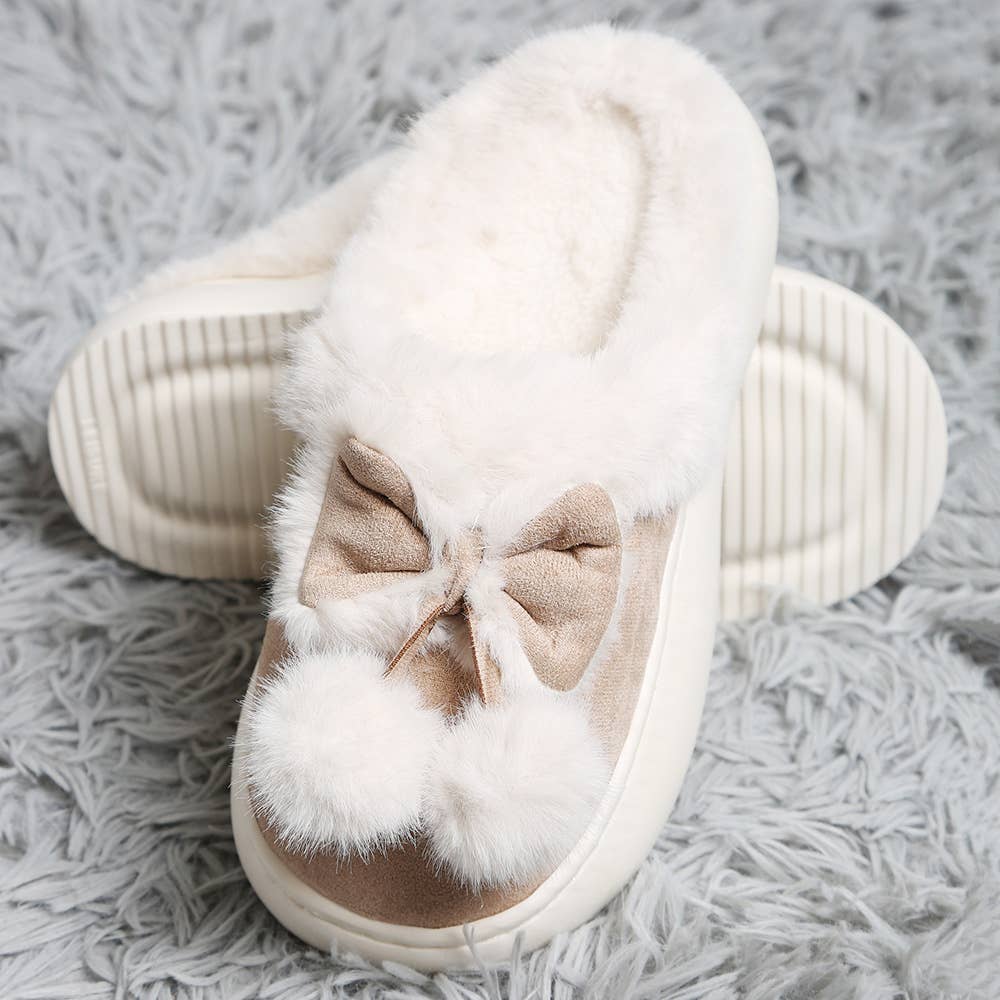 Bow Pom Pom Suede Slippers