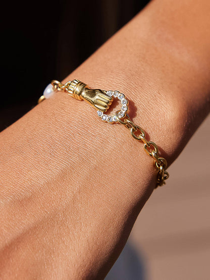 Isoria 18K Gold Non-Tarnish Pearl CZ Hand Bracelet