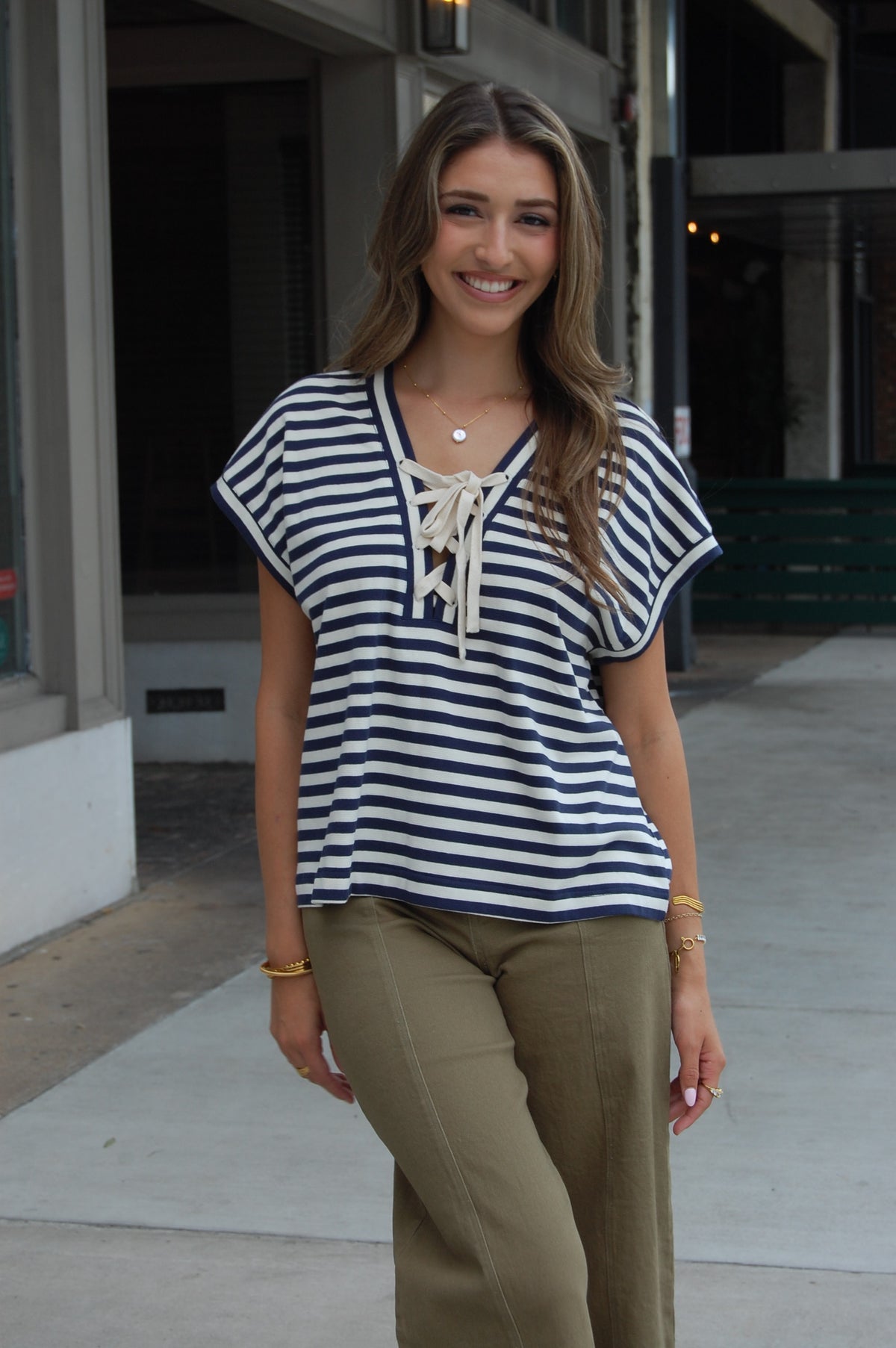 Stripe Lace Up Top