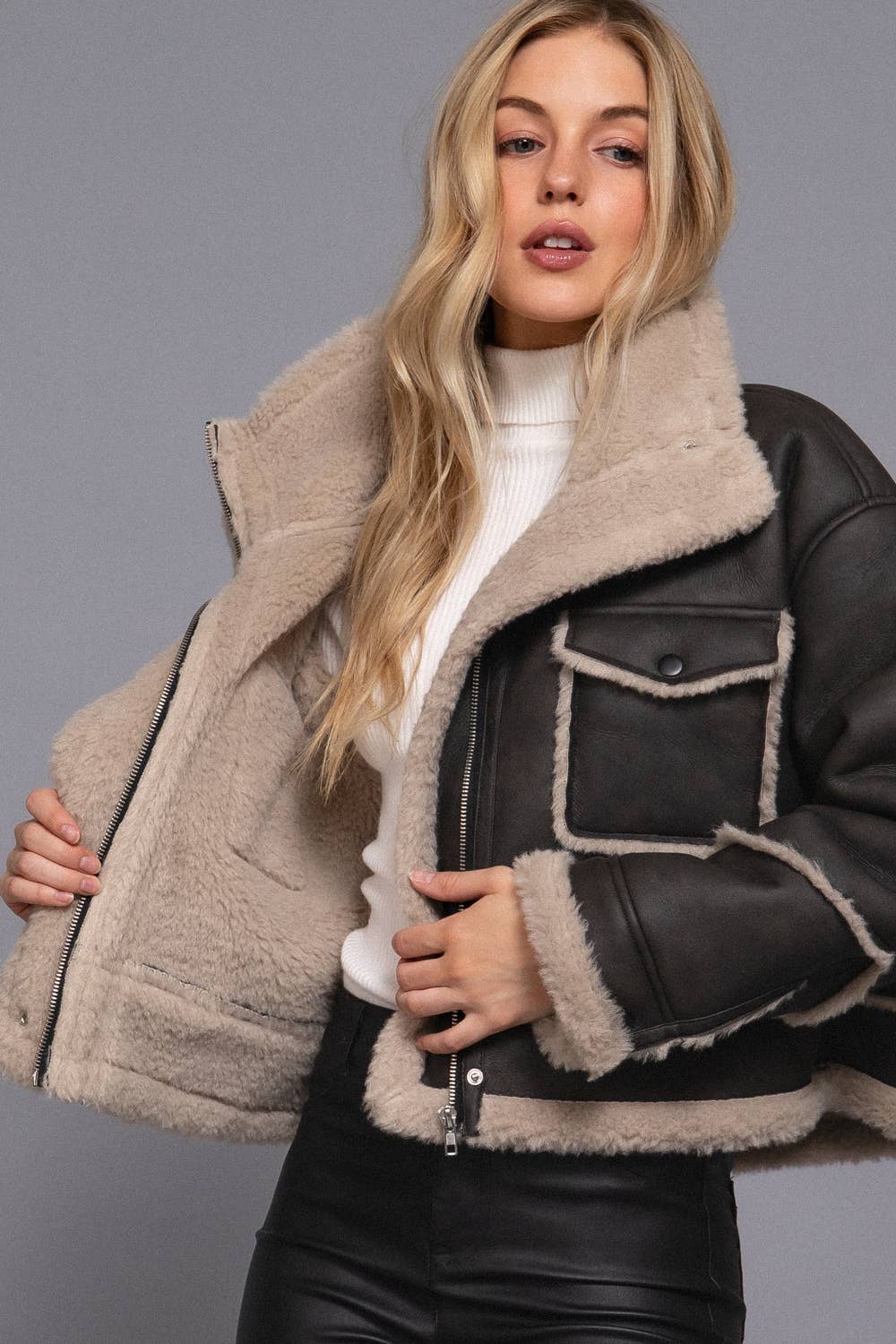 Pocket Leather Inner Fur Jacket