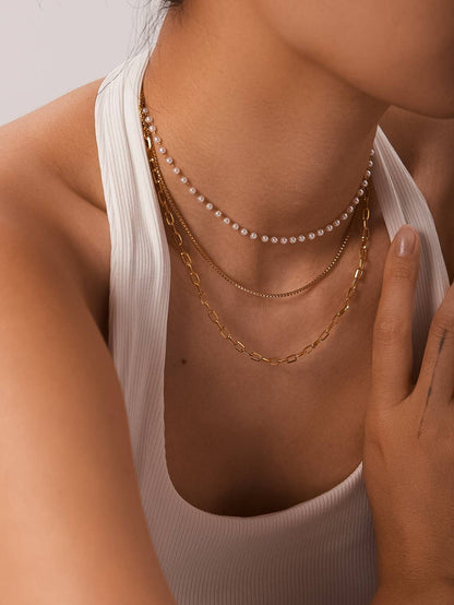 Non-Tarnish Stacked Pearl Chain Necklace