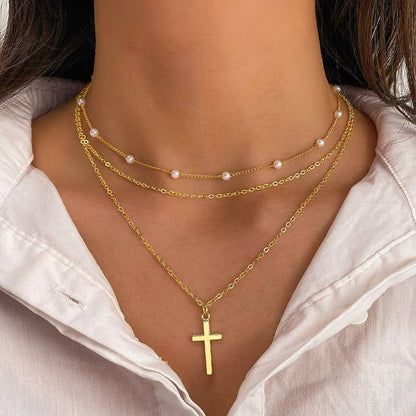Non Tarnish Pearl And Cross Necklace