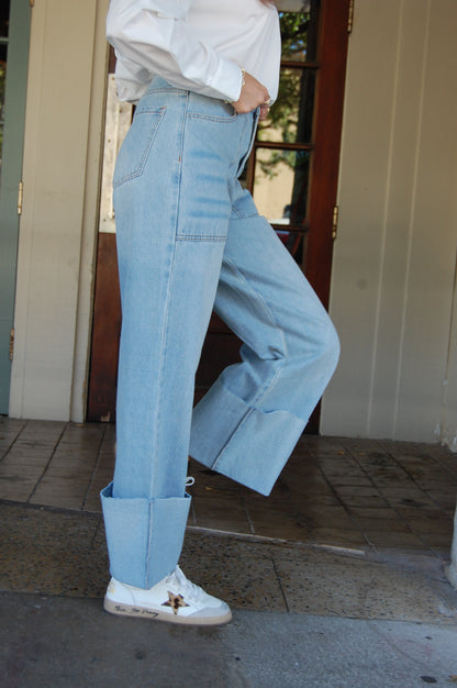Wide Leg Cuffed Jeans