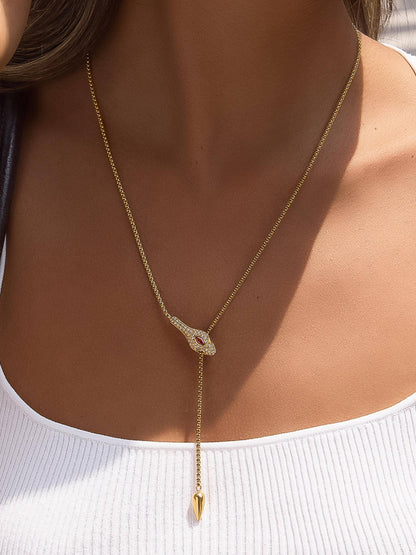 Non-Tarnish Red CZ Snake Lariat Necklace