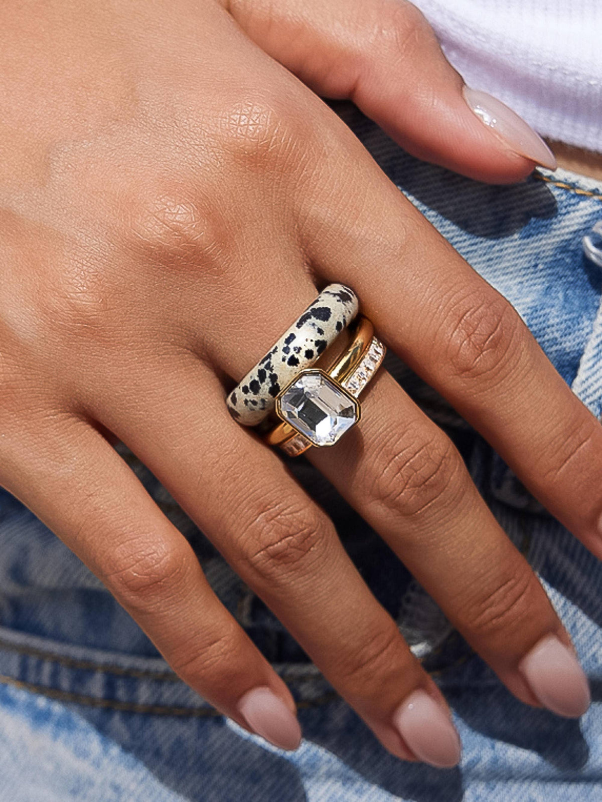 Stone 18K Gold Non-Tarnish Dalmatian Stone Mixed Ring Set