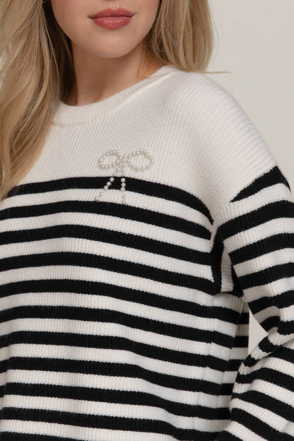 Pearl Bow Stripe Sweater