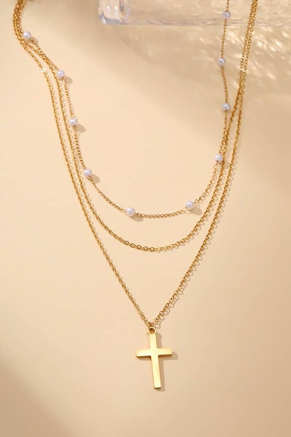 Non Tarnish Pearl And Cross Necklace