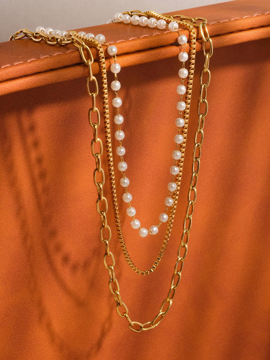 Non-Tarnish Stacked Pearl Chain Necklace