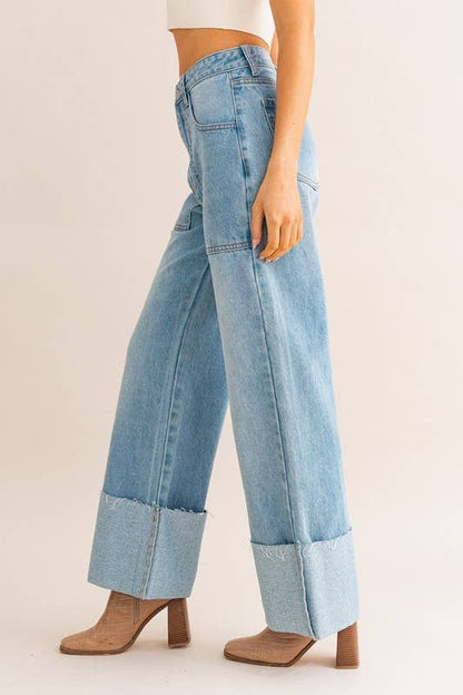 Wide Leg Cuffed Jeans