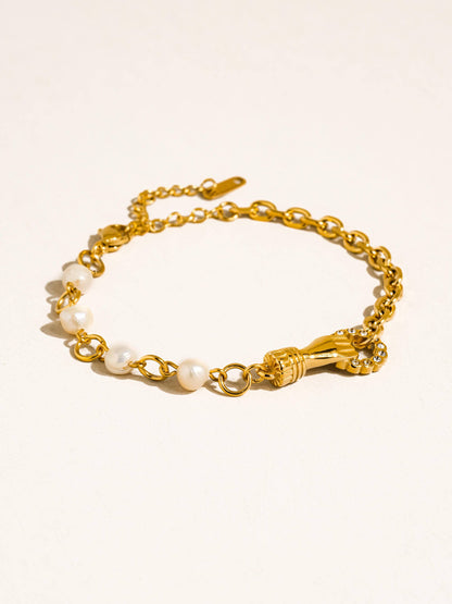Isoria 18K Gold Non-Tarnish Pearl CZ Hand Bracelet