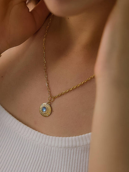 Non-Tarnish Blue Stone Medallion Necklace