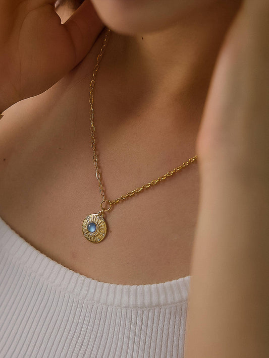 Non-Tarnish Blue Stone Medallion Necklace
