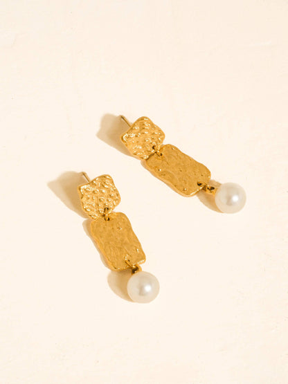 Non-Tarnish Hammered Pearl Drop Earrings