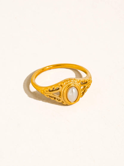 Blois 18K Gold Non-Tarnish Vintage Pearl Filigree Ring