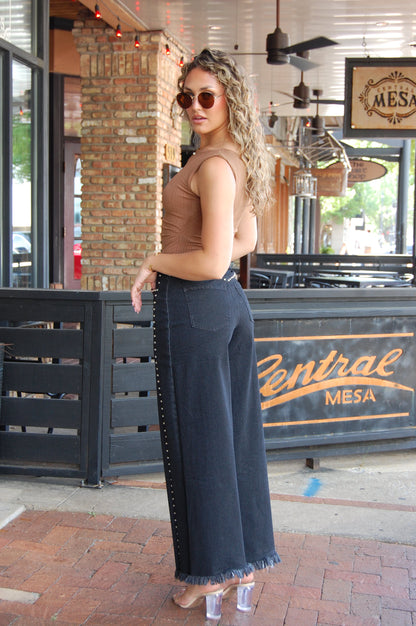 Wide-Leg Denim Stud Pants