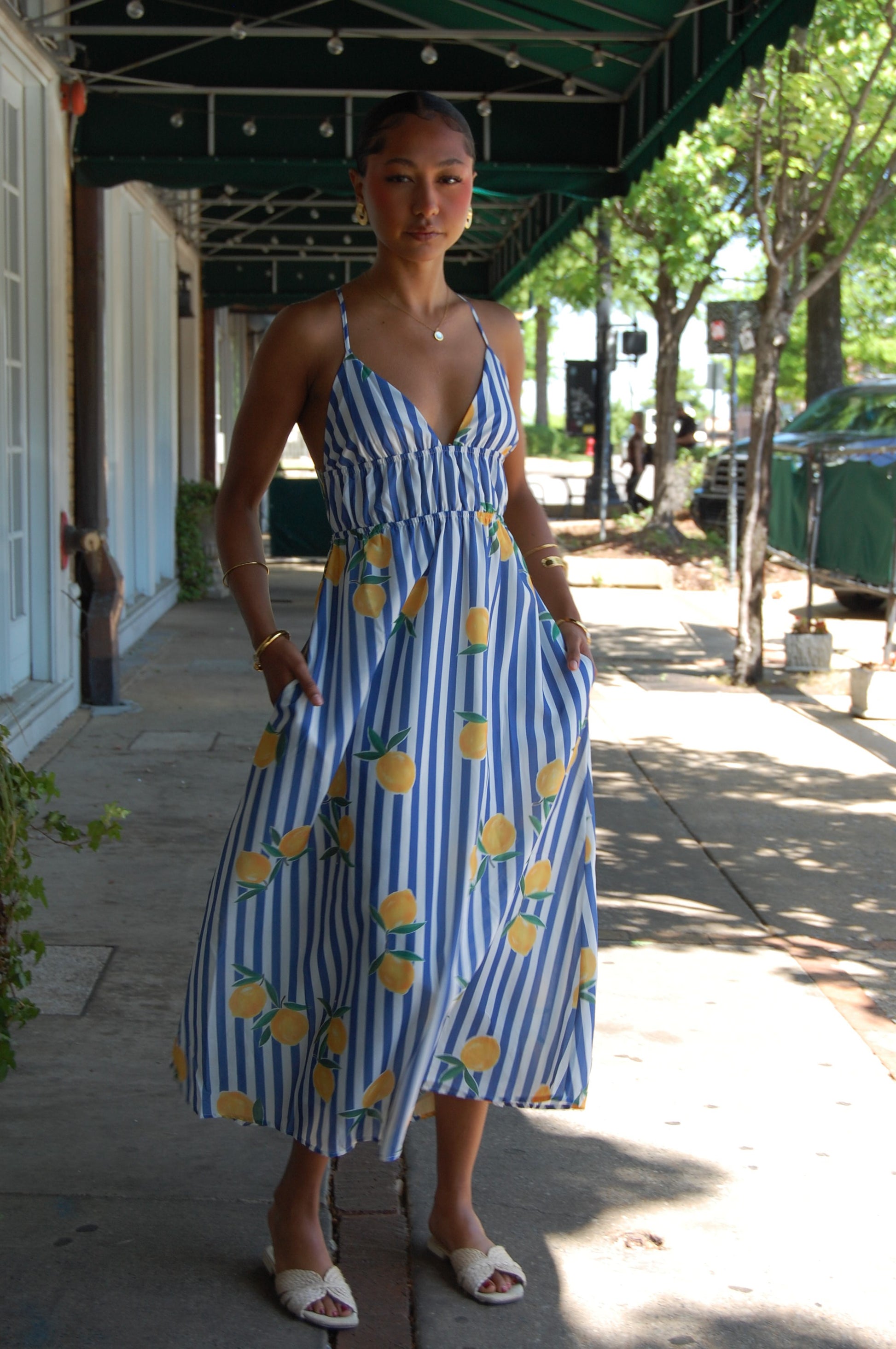 Striped Lemon Print Midi Dress