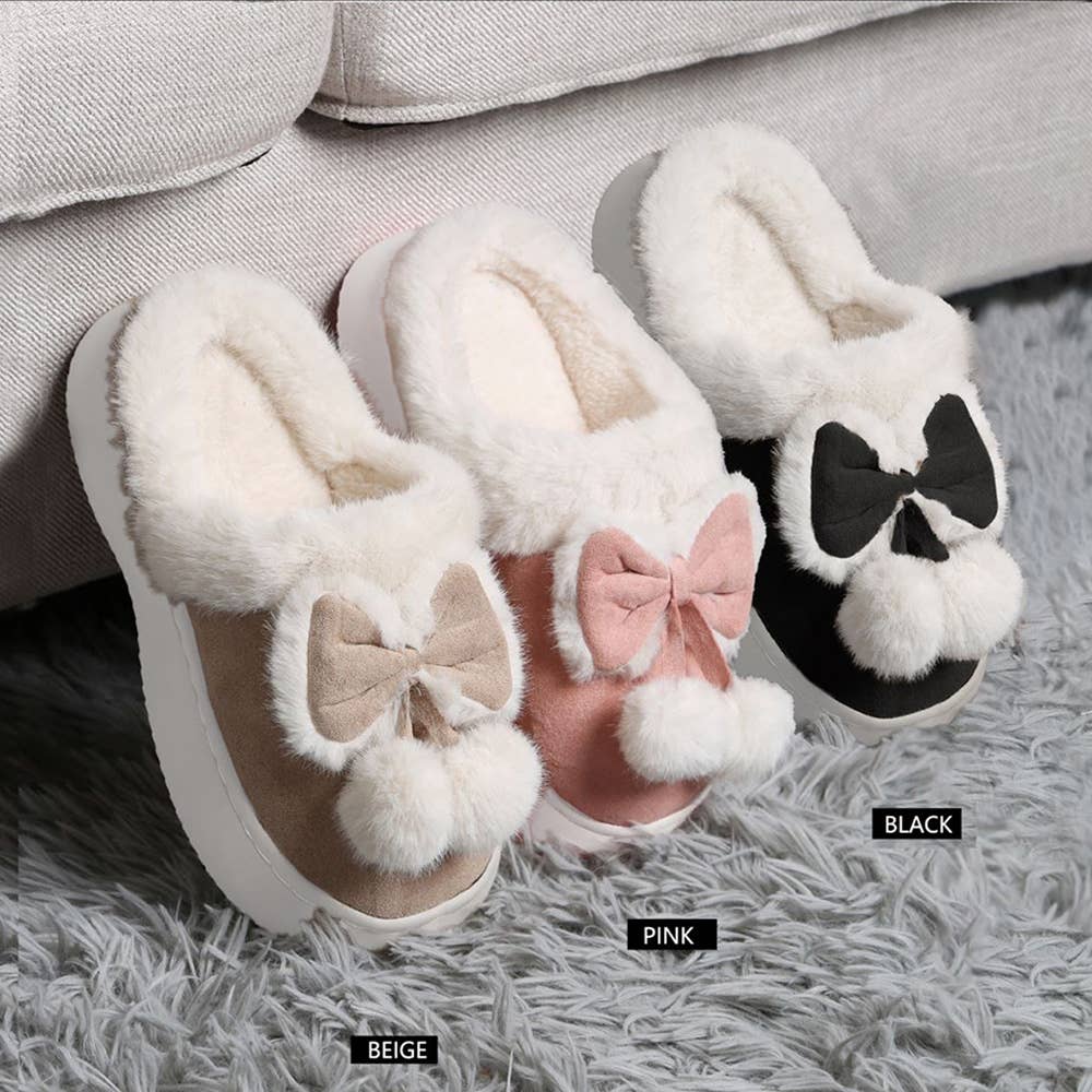 Bow Pom Pom Suede Slippers