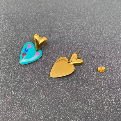 Enamel Heart Charm 18K Gold Plated S.Steel Earrings - FGS