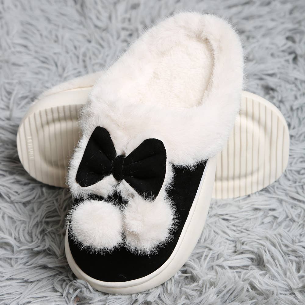 Bow Pom Pom Suede Slippers