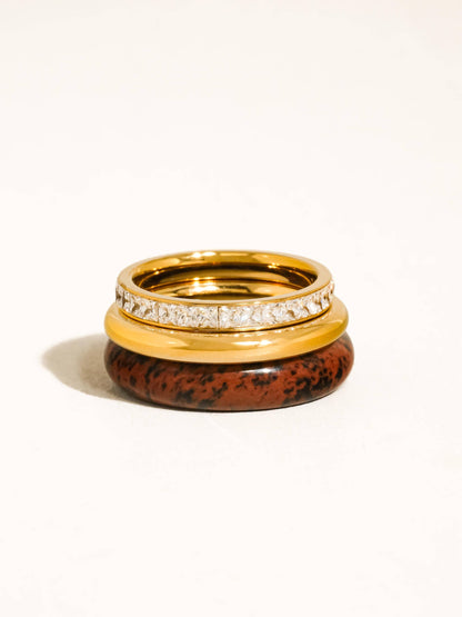 Ash 18K Gold Non-Tarnish Red Jasper Stone Mixed Ring Set