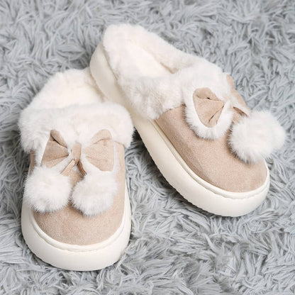 Bow Pom Pom Suede Slippers