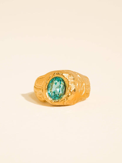 Frostine 18K Gold Non-Tarnish Blue CZ Signet Ring