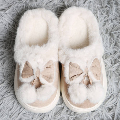 Bow Pom Pom Suede Slippers