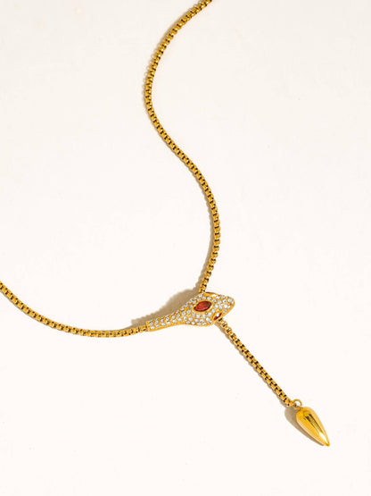 Non-Tarnish Red CZ Snake Lariat Necklace