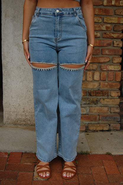Rhinestone Cut Out Jeans