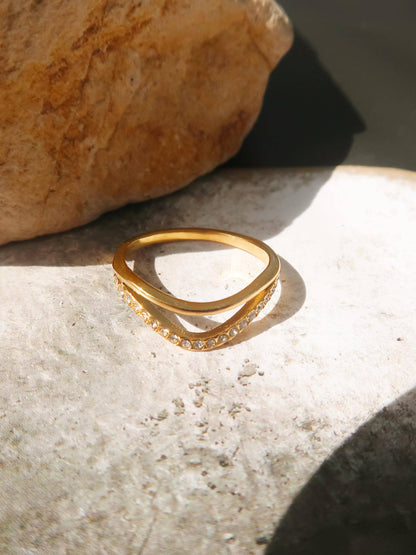 Orleans 18K Gold Non-Tarnish Layered V Rhinestone Ring