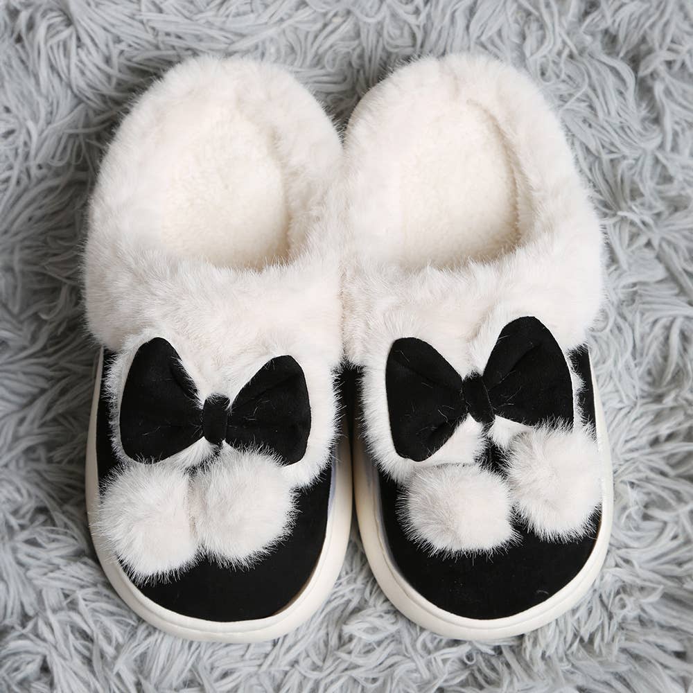 Bow Pom Pom Suede Slippers