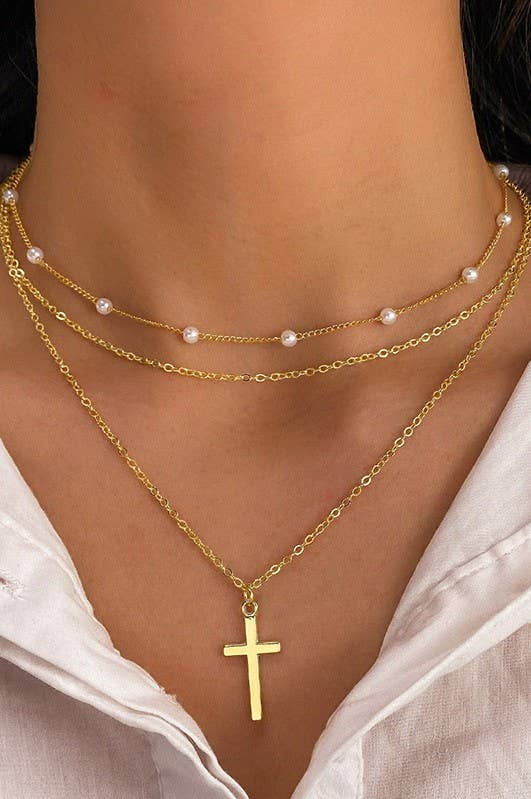 Non Tarnish Pearl And Cross Necklace