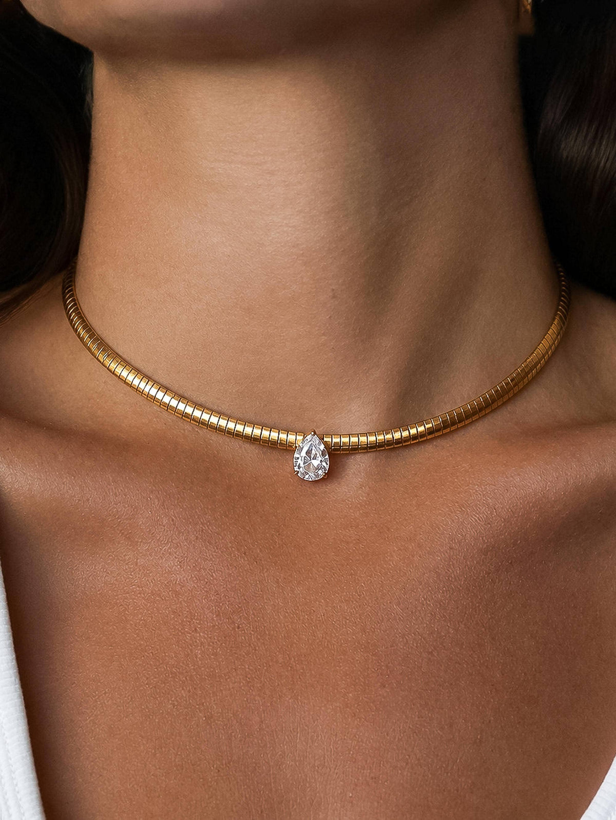 Non-Tarnish Teardrop CZ Choker Necklace