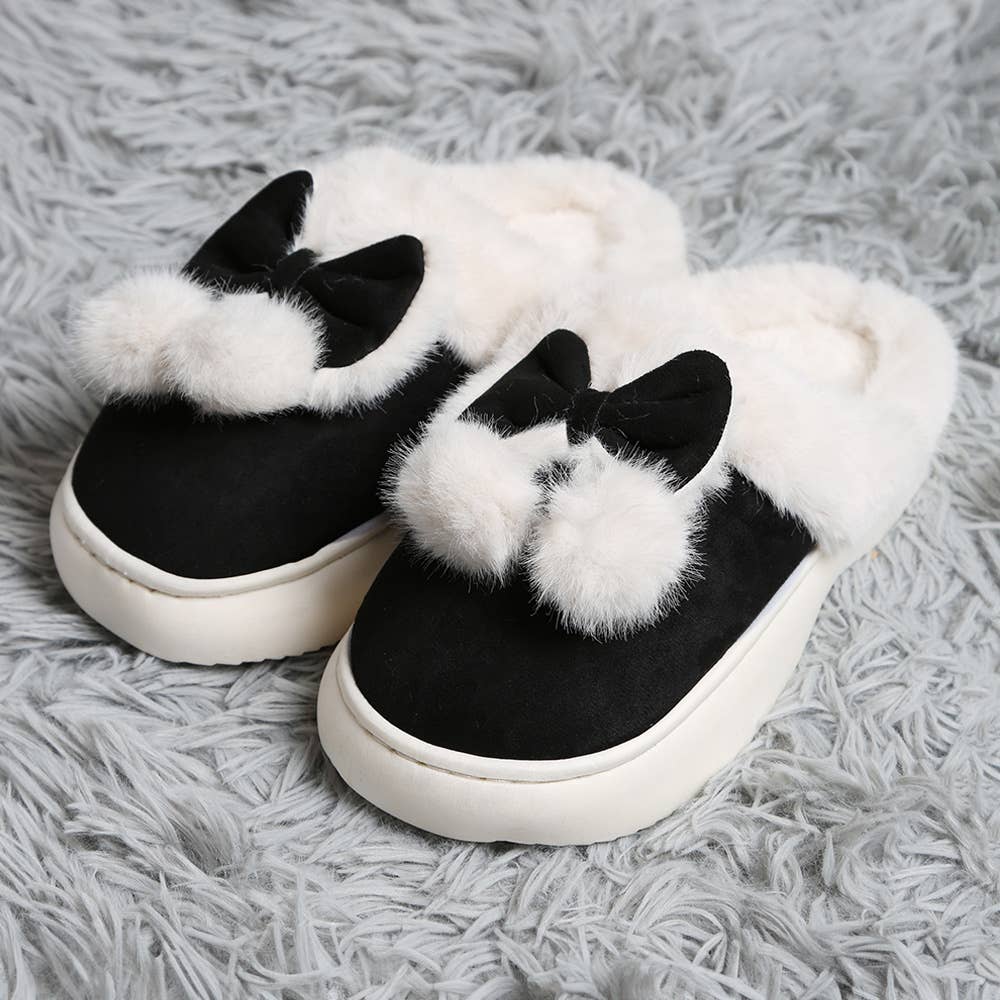 Bow Pom Pom Suede Slippers